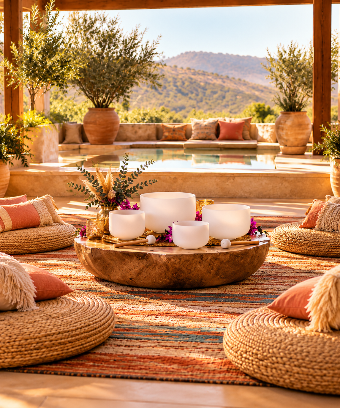 Sound bowls resting on a wooden table on a sunlit terrace overlooking the hills