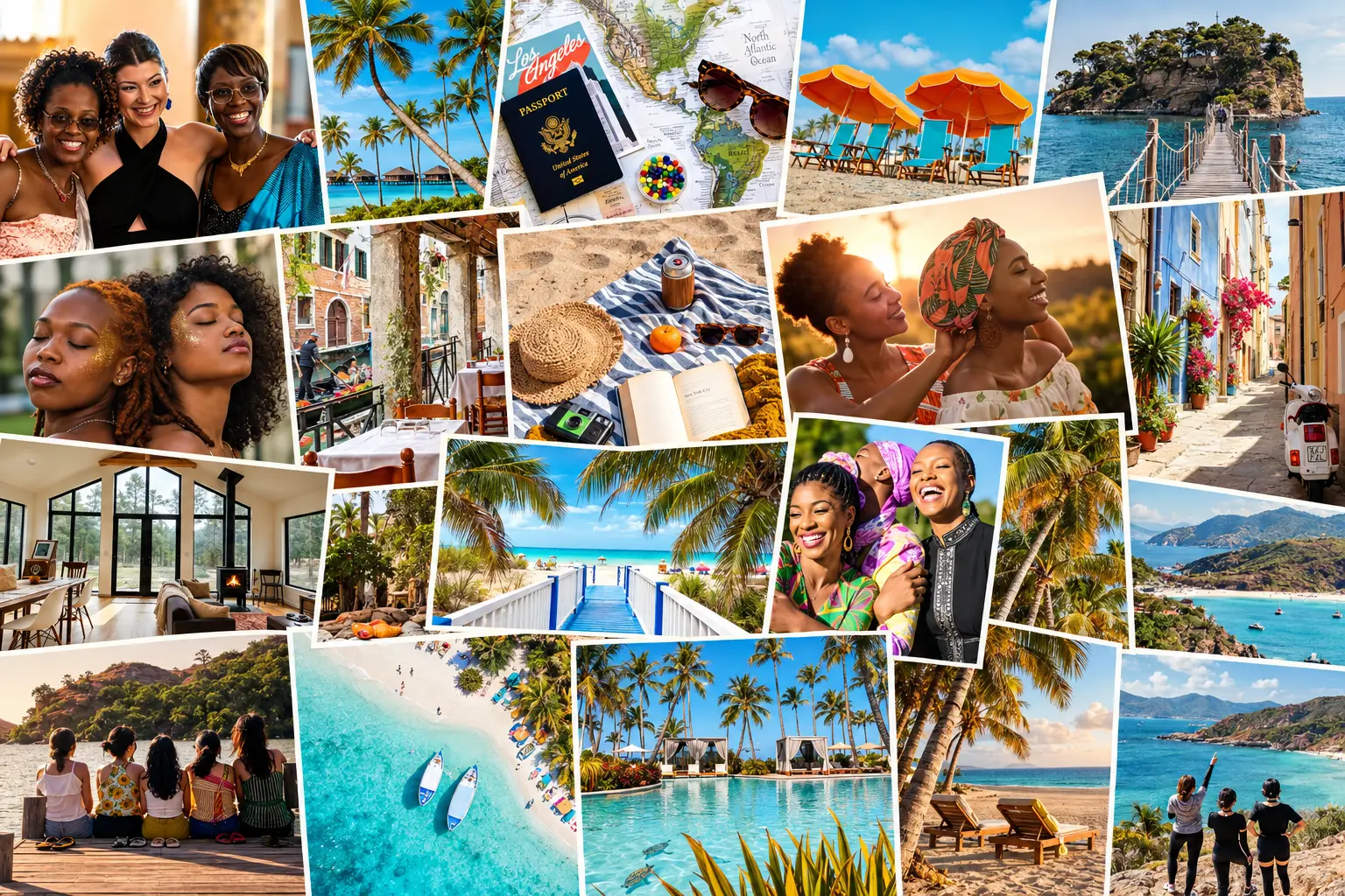A collage of joyful travel moments — beaches, resorts and friends laughing together
